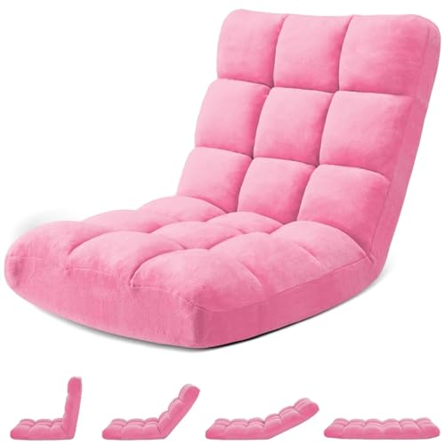 Folding Floor Gaming Chair 14-Poistion Cushioned Adjustable Floor Lazy Sofa Chair w/Breathable Cotton & Skin-Friendly Coral Velve for Adults & Kids Perfect for Reading Gaming Meditating, Pink - color: Pink