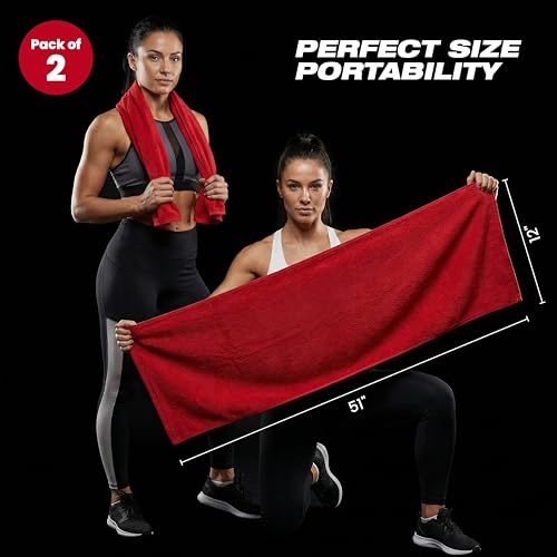 EOC Sports Towel 2 Pack, 100% Cotton, 12x51 in, Red | Oeko-Tex certified, ultra absorbent, quick drying, for gym, fitness and yoga - color: Red