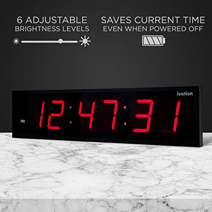Ivation Oversized Digital Wall Clock with Large LED Display & Timer, 72" | Multi-function with Timer, Stopwatch, Alarms, Temp & Date, Aluminum frame, 6 Brightness levels, Time memory, Remote | Blue - color: Red, size: 72" Inch
