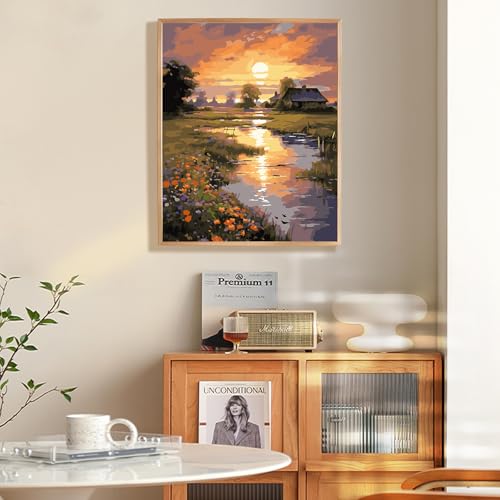 Paint by Numbers Kit for Adults Beginner 16x20 Inch, Countryside Sunset | DIY Acrylic Painting by Numbers Riverside Cabin Landscape, Without Frame Canvas, Stress Relief Craft Kits, Home Decor Gift - color: LOP829, size: Frameless