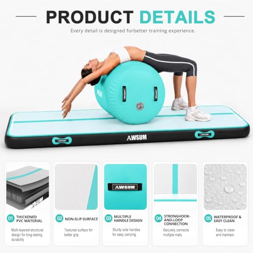 AWSUM Inflatable Gymnastics Mat with Air Roller Barrel Tumbling Equipment - color: Mint Green/Black+Green Roller, size: 10ft*3.3ft*4in&(L)40in*(Diam)23.6"