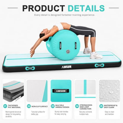 AWSUM Inflatable Gymnastics Mat with Air Roller Barrel Tumbling Equipment - color: Mint Green/Black+Green Roller, size: 10ft*3.3ft*4in&(L)40in*(Diam)23.6"