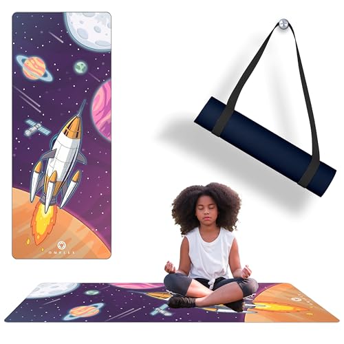 Kids Yoga Mat with Carrying Strap – 60"x24" Non-Slip Premium Exercise Mat for Kids, 3mm Thick Non-Toxic, PVC-Free Play Mat for Children, Dolphin, Car & Supergirl Designs - color: Space