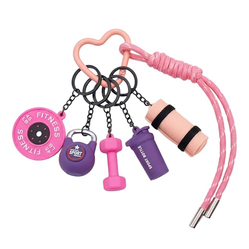 Gym Keychain Motivational Fitness Accessories with Dumbbell Kettlebell Barbell Yoga Mat Charms Weightlifting Keyring - color: Purple+pink