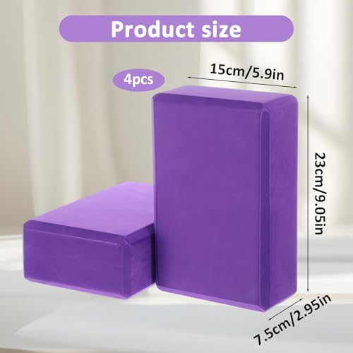 4 Pack High Density EVA Foam Yoga Blocks (9"x6"x3") - Non-Slip Lightweight Pilates Equipment for Stretching, Meditation & Balance Support (Purple)
