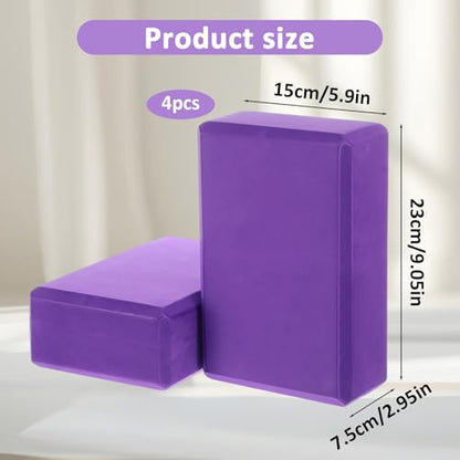 4 Pack High Density EVA Foam Yoga Blocks (9"x6"x3") - Non-Slip Lightweight Pilates Equipment for Stretching, Meditation & Balance Support (Purple)