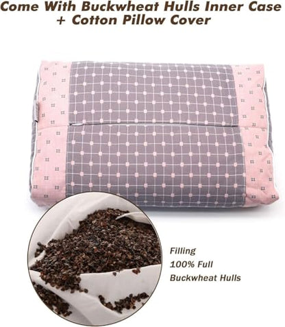 Upgraded Buckwheat Neck Pillows, Buckwheat Hull Pillow for Pain Relief, Pillow Cube for Sleeping with Zipper Washable Cotton Cover, Neck Support Meditation Cushion (18x10 Inch, Grey&Pink)