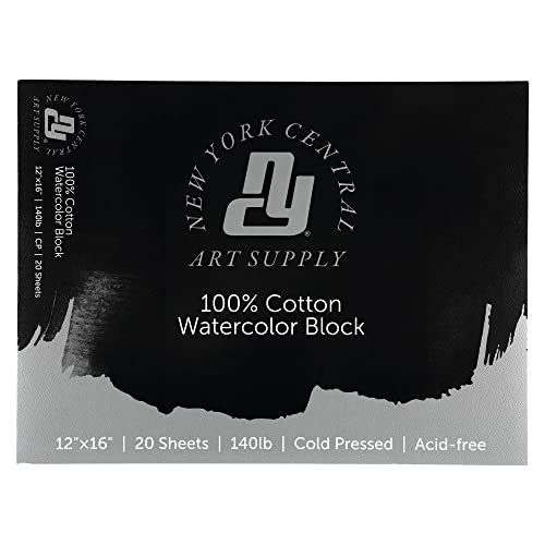 New York Central Watercolor Block, 140lb/300gsm Cold Press 12x16, 20 Sheets, Archival Watercolor Paper for Artists, Students, Gelatin Sized, Durable Water Color Paper, Suitable for Wet and Dry Media - size: 12x16"