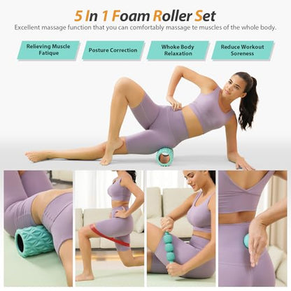 5 in1 Foam Roller Set High Density 15" Foam Roller for Muscle Recovery | Deep Tissue Muscle Massage Foam Roller for Exercise, Massage Roller, Massage Ball, Stretching Strap, for Whole Body Aqua - color: Pure Turquoise