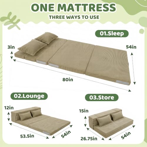 Tri-Fold Futon Mattress, Foldable Floor Mat (Sage Olive,Full) - color: Sage Olive, size: Full (75"L x 54"W x 3"Th)