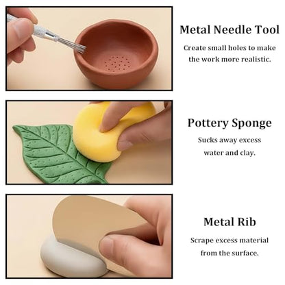 17 Pcs Pottery and Clay Sculpting Tools Set, Double-Sided Ceramic Carving and Trimming Tools with Smooth Wooden Handles for Shaping, Detailing, and Embossing(17)