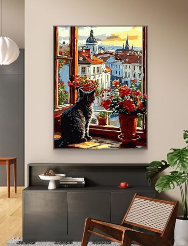 ZRIZQ Paint by Numbers Kit for Adults Beginner,Cityscape Cat,16x20 | Full set with wooden brushes,rolled canvas,rich paints.Calming activity.Beginner friendly.Just open and paint. - color: 16"X20"Rolled Canvas(Frameless)-Cityscape Cat