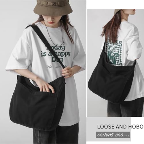 Canvas Tote Bag Casual Hobo Crossbody Shoulder Bag for Women and Men Large Purse Messenger Bag Travel Work - color: 0-black