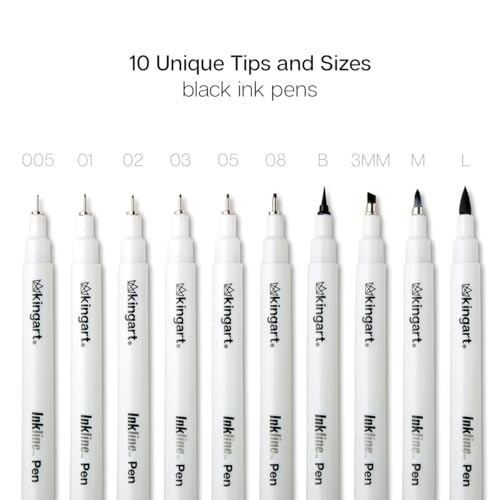 KINGART PRO Inkline Black Micro Line & Precision Graphic Pens, 10 Assorted Nibs, BLACK Archival Waterproof Japanese Ink for Art, Illustration, Calligraphy, Sketching, Anime, Technical Drawing, Manga
