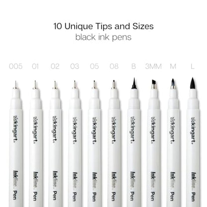 KINGART PRO Inkline Black Micro Line & Precision Graphic Pens, 10 Assorted Nibs, BLACK Archival Waterproof Japanese Ink for Art, Illustration, Calligraphy, Sketching, Anime, Technical Drawing, Manga