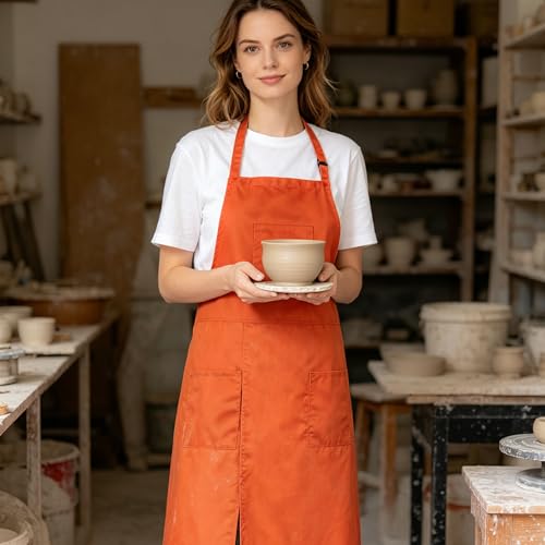 Pottery Split-Leg Make Ceramic Apron, Long Split-Leg Artist Painting Apron with 3 Pockets for Men and Women - color: Orange