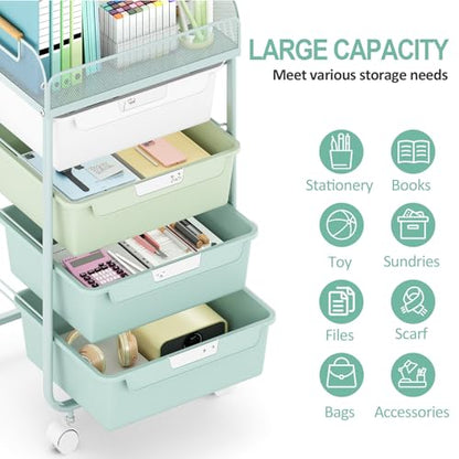 SYKIARIOL 4-Drawer Rolling Storage Cart with Mesh Top,Green | Utility Craft Organizer Cart on Wheels with 4 DIY Labels, Rolling Drawer Cart for Home Office Classroom Bedroom - color: Gradient Green