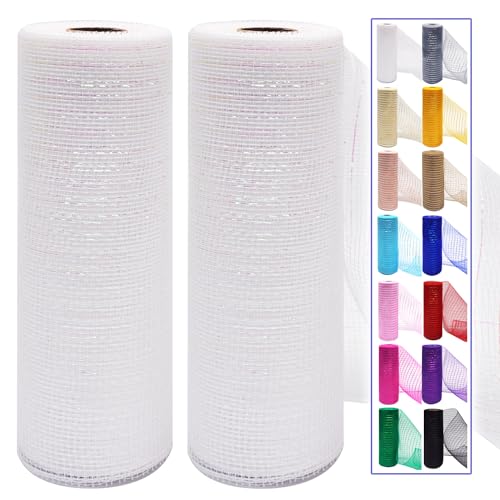 White Mesh Ribbon Rolls 10 Inch 10 Yds, Deco Mesh Fabric for Wreaths | (2 Rolls) 30Ft Each, Decorative Foil Mesh for Christmas Tree Ribbon, Door Decor, DIY Crafts, Halloween, Wedding Party Supplie - color: White