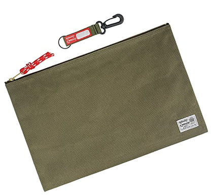Rough Enough Important Document Storage, File Folder Organizer Pouch Green | 16oz waxed canvas, Water-Resistant nylon, YKK zipper. 16x11in fits even a tablet，Red inner lining，Office and travel