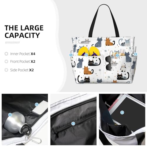 Large Beach Bag for Women Waterproof Foldable Travel Shoulder Tote Bag with Pocket for Weekender Pool Vacation - color: Cat White
