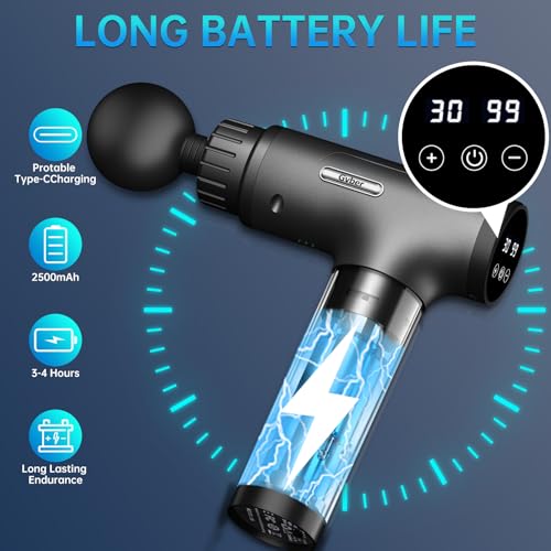 Gvber Massage Gun Deep Tissue 30 Speeds 6 Heads, Grey | Quiet Handheld Percussion Massager for Back & Shoulder Pain, Ideal Gifts for Mom & Dad, Travel & Office, Athletes & Home Gym