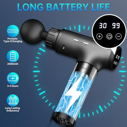 Gvber Massage Gun Deep Tissue 30 Speeds 6 Heads, Grey | Quiet Handheld Percussion Massager for Back & Shoulder Pain, Ideal Gifts for Mom & Dad, Travel & Office, Athletes & Home Gym