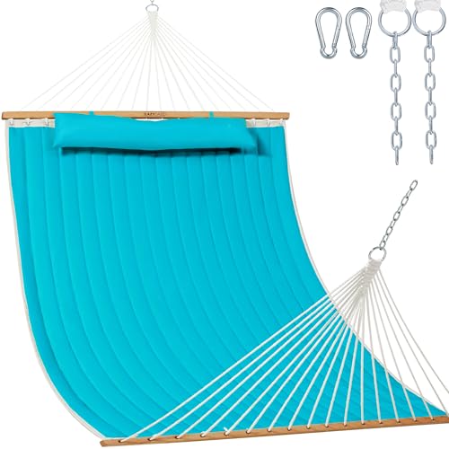 Lazy Daze 12 FT Double Quilted Hammock with Spreader Bar for Outside, Aqua | 2 Person Heavy Duty Hammock with Detachable Pillow and Carabiners for Outdoor Backyard Poolside, 450lbs Weight Capacity - color: Aqua