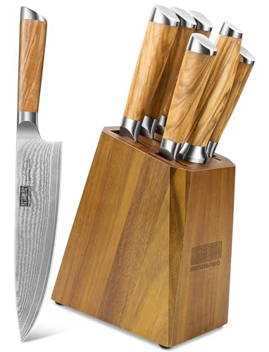 HOSHANHO Damascus Knife Block Set 7PCS, Sharp Kitchen Knives with Sharpener | Professional Chef Knife Set | Japanese Super Steel | 15° Edge | 62 HRC | Ergonomic Olive Wood Handle | Ideal Cooking Gift - style: 7 Pieces Knife Set