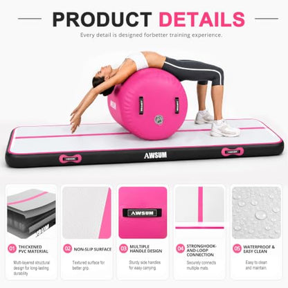 AWSUM Inflatable Gymnastics Mat with Air Roller Barrel Tumbling Equipment - color: Pink/Black+Pink Roller, size: 10ft*3.3ft*4in&(L)40in*(Diam)23.6"
