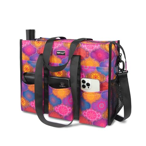 TOPDesign Utility Water Resistant Tote Bag with 22 Pockets, Top Zipper Closure & Thick Bottom Support, for Working Women - color: Yoga Totem, size: Medium