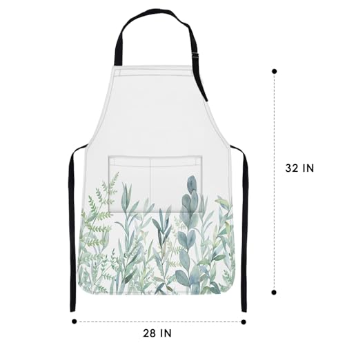 Apron with Pockets, 32x28 inch, for Women Men, Leaves Green | Floral Botanical Waterproof Adjustable Bib Aprons for Kitchen Cooking Baking Painting Gardening - color: Green Plants