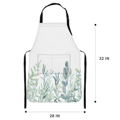 Apron with Pockets, 32x28 inch, for Women Men, Leaves Green | Floral Botanical Waterproof Adjustable Bib Aprons for Kitchen Cooking Baking Painting Gardening - color: Green Plants