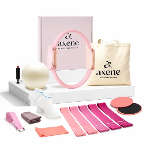 Axene 여성용 필라테스 키트 - 필라테스 링, 공, 저항 밴드 및 슬라이더 포함 14피스 세트 | 홈 운동 장비, 미끄럼 방지 양말, 요가 스트랩, 이중 언어 가이드, 휴대용 가방