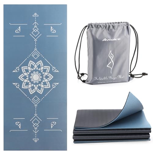 Avoalre Folding Yoga Mat, Eco-Friendly PVC Travel Yoga Mat Packable, Double Sided Non-Slip Printed Yoga Mats with Bag for Home Workout Gym Exercise Fitness Pilates Stretching (72" x 32" x 0.24" Thick) - color: 블루.