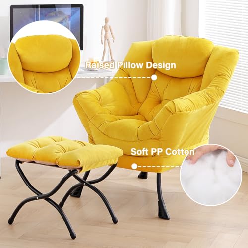 Tiita Lazy Chair with Ottoman, Comfy Reading Accent Chair, Velvet Yellow - color: Yellow