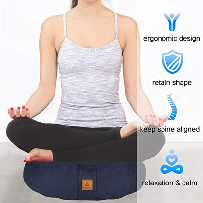 Crescent Zafu Meditation Pillow, D=17" W=11" H=5.5" Zabuton Yoga Bolster, Meditation Cushion, Floor Pouf Yoga Pillow Zippered Organic Cotton Cover Natural Buckwheat kneeling pillow - Large - color: Navy blue