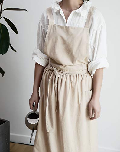 Cotton Pleated Apron Retro Waterdrop Proof Garden Cleaning Pinafore Dress - color: Wheat