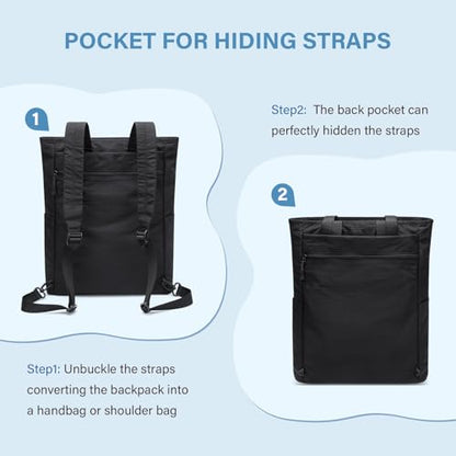 GOLF SUPAGS Foldaway Convertible Tote Backpack Lightweight Nylon Daypack Women Men City Pack Versatile Backpack Leisure, Black - color: Black