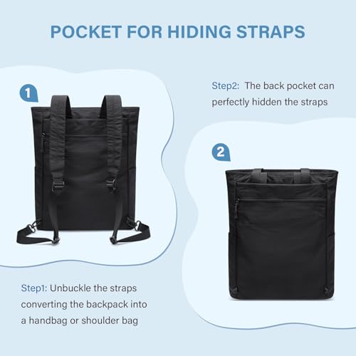 GOLF SUPAGS Foldaway Convertible Tote Backpack Lightweight Nylon Daypack Women Men City Pack Versatile Backpack Leisure, Black - color: Black
