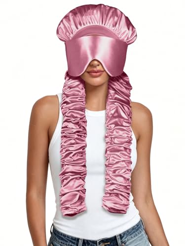 Satin Bonnet for Sleeping with Eye Mask，No Slip Sleep Bonnet with Long Curling Ribbons for Braids & Long Hair - color: Pink