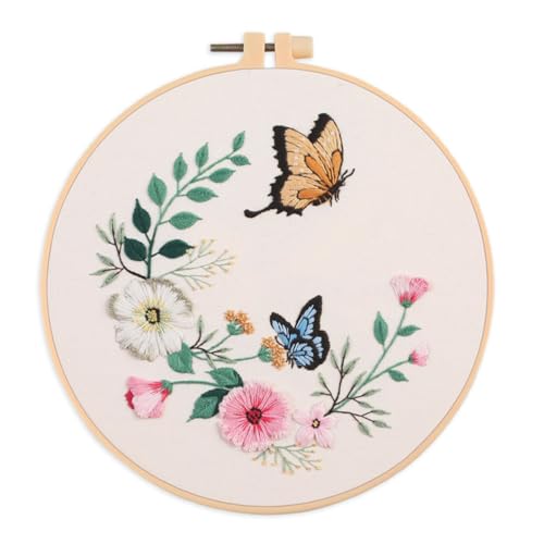 Meecaa Butterfly Flower Animal Embroidery Kit Starter Set, Hand Embroidery Set,Pattern Printed Cross Stitch Set for Beginner Adults, with Embroidery Hoop and Instructions (Butterfly 1) - color: Butterfly 1