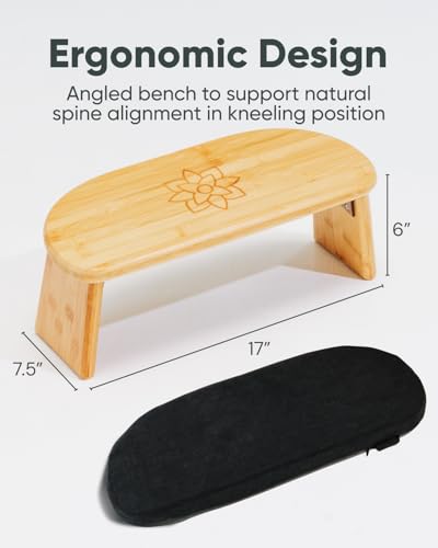 Mindful Modern Folding Meditation Bench - Bamboo Kneeling Stool w/Locking Magnetic Hinges - Prayer Kneeler Seiza Chair w/Soft Pillow & Travel Bag