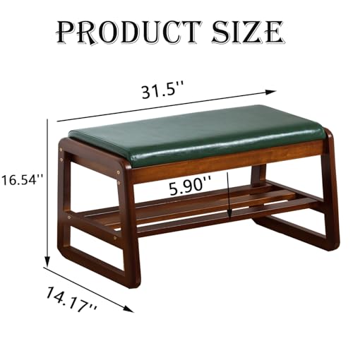 latifolia Solid Wood Bench, Entryway Shoe Bench with Cushion, 2 Tier Shoe Storage Organizer for Hallway, Living Room(Green,31.50''L) - color: Green, size: 31.50''L