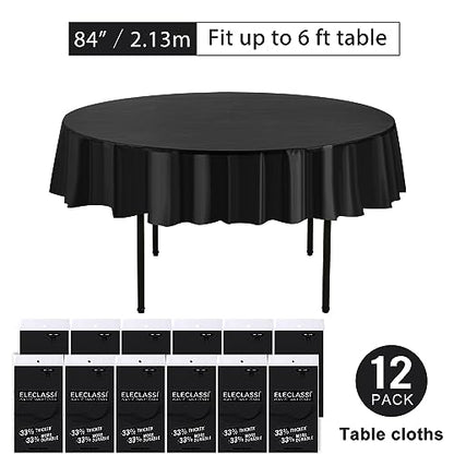 Eleclassi Black 12 Pack Premium Round Disposable Plastic Tablecloth - 84 Inch Round Plastic Table Cloths for Parties - color: Black, size: 12 Pack Round