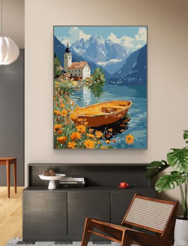 ZRIZQ Paint by Numbers Kit for Adults Beginner,Lake,16x20 | Full set with rich paints,wooden brushes,rolled canvas.Calming activity.Beginner friendly.Just open and paint. - color: 16"X20"Rolled Canvas-Lake Landscape