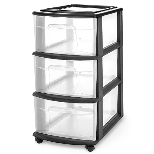 HOMZ Drawer Tower, 3-Tier Storage Cart with Removable Wheels, Black Frame | Plastic Organizer with Clear Bin Drawers for Bedroom, Bathroom, Home Office, and Dorm Rooms - color: Black, size: 1 Pack