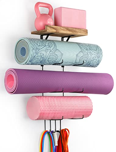 VINAEMO Yoga Mat Holder Accessories Wall Mount Organizer Storage Decor Foam Roller and Towel Storage Rack with 4 Hooks and Wooden Shelves Yoga Mats Rack Resistance Bands for Home Gym School Office - color: Carbonized Black (matel)