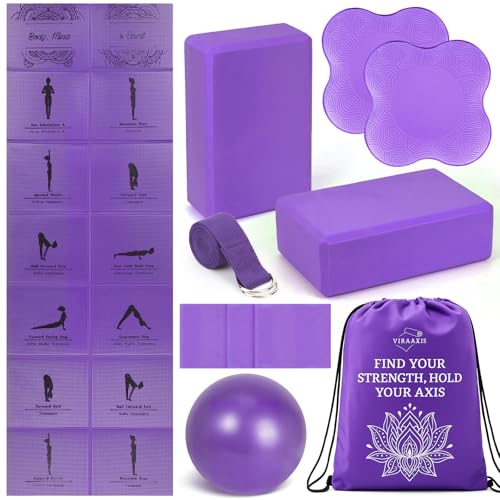 Foldable Non-Slip Yoga Mat and Blocks Set for Women, 9-Pcs Yoga Starter Kit - color: Purple