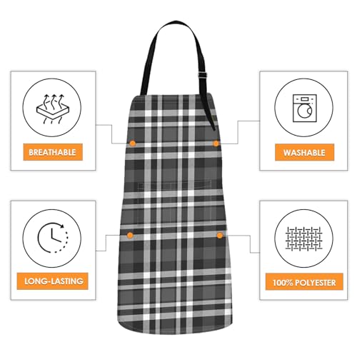 Apron with Pockets, 32x28 inch, 2 Pack, Plaid | Black Grey Grid Geometric Adjustable Bib with Pockets for Women Men Couple Lovers Chef Home Baking Gardening - color: Black Gray