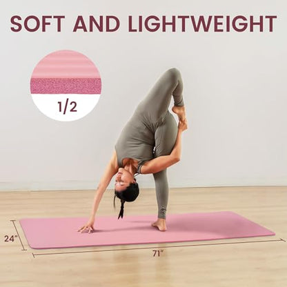 Fitvids Yoga Mat, 1/2-Inch Extra Thick High Density Exercise Mat, Anti-Tear Exercise Yoga Mat with Carrying Strap, Suitable for Various Yoga Exercises - color: Pearly Pink